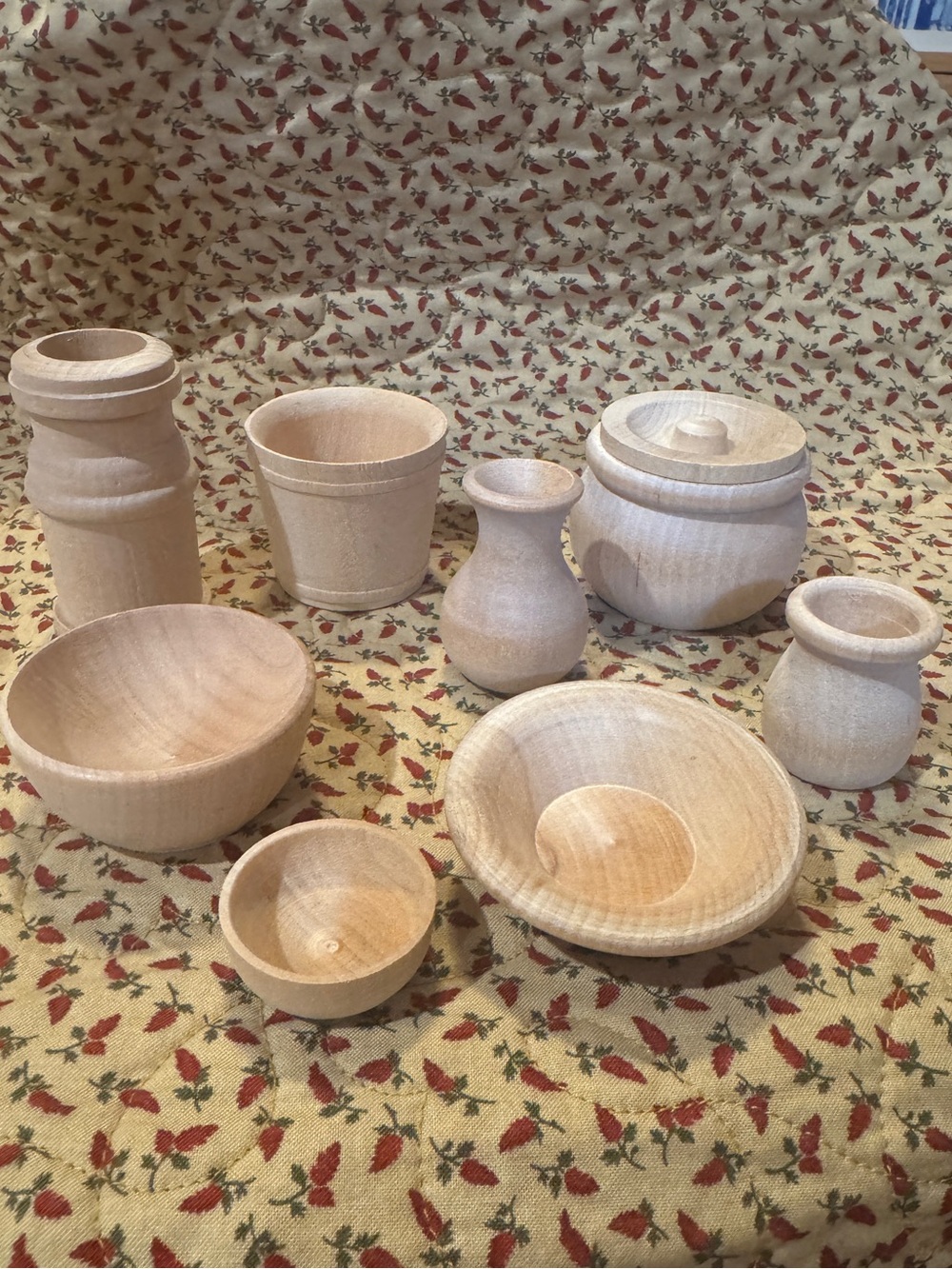 Set of Unfinished Wooden Mini Bowls, Vases & Canister - Natural Wood